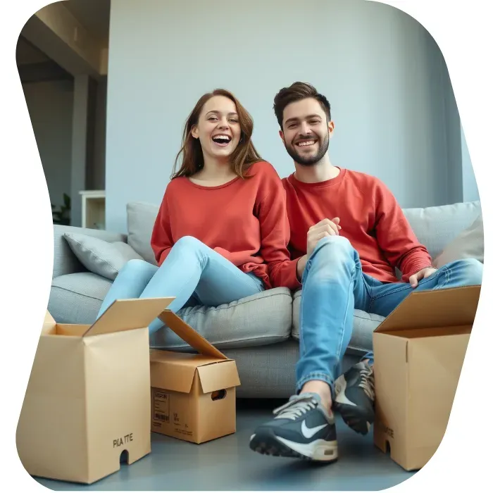 Two guys sitting on the floor of their apartment with Muval moving boxes